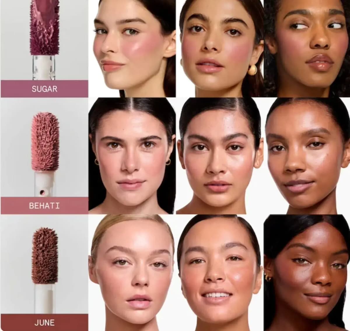 Sugar, Behati and June applicators shown with three models each wearing the plum, pink and brown-rose blush shades