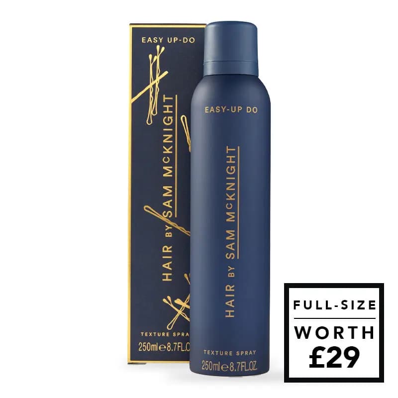 Navy Hair by Sam McKnight Easy Up-Do texture spray can with gold lettering and box, worth £29