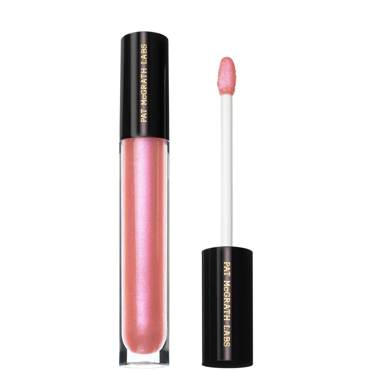 Iridescent pink shimmer gloss in a clear tube with black cap, its sparkly pink applicator beside it
