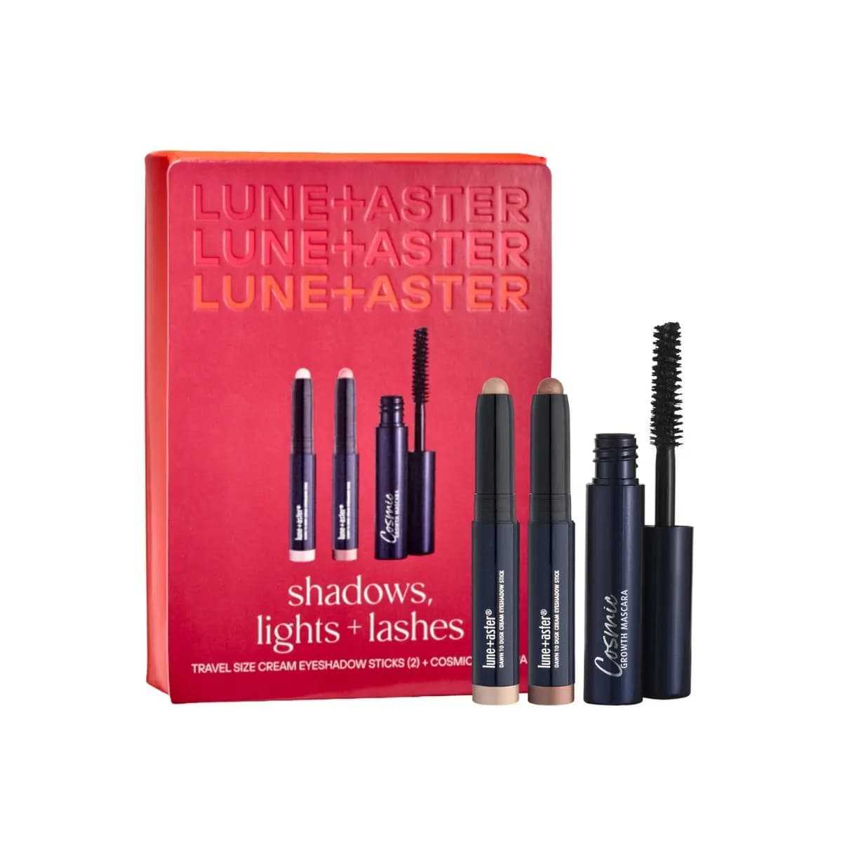 Lune+Aster shadows, lights + lashes red box with two cream eyeshadow sticks and Cosmic Growth Mascara