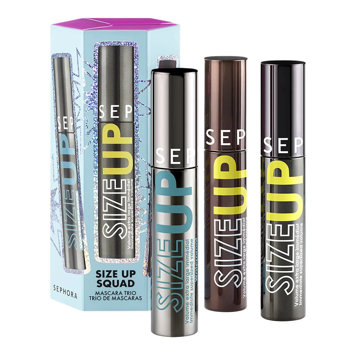 Size Up Squad mascara trio in a light blue box: waterproof, brown and black tubes with teal and yellow logos