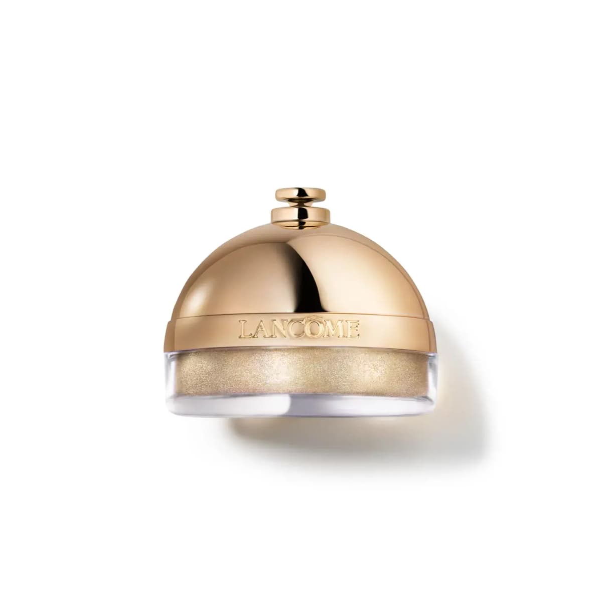 Lancôme Ring & Shine Glossy Highlighter in a gold bell-shaped dome compact with a clear base of gold shimmer