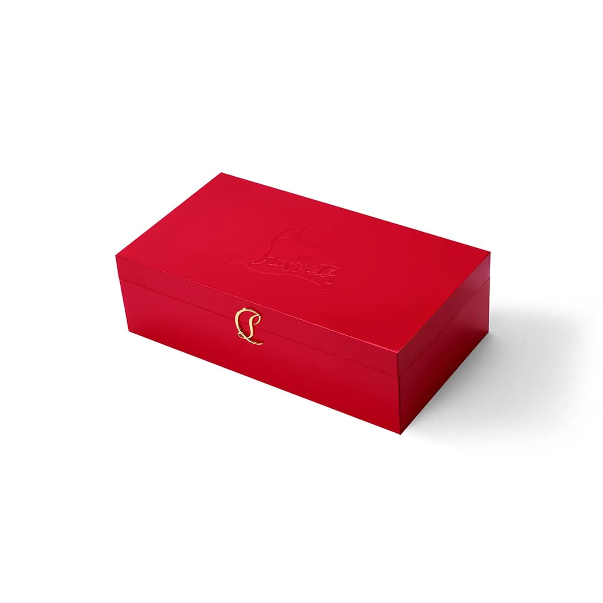 Closed red lacquered-look chest with embossed Christian Louboutin logo and gold L clasp on the front