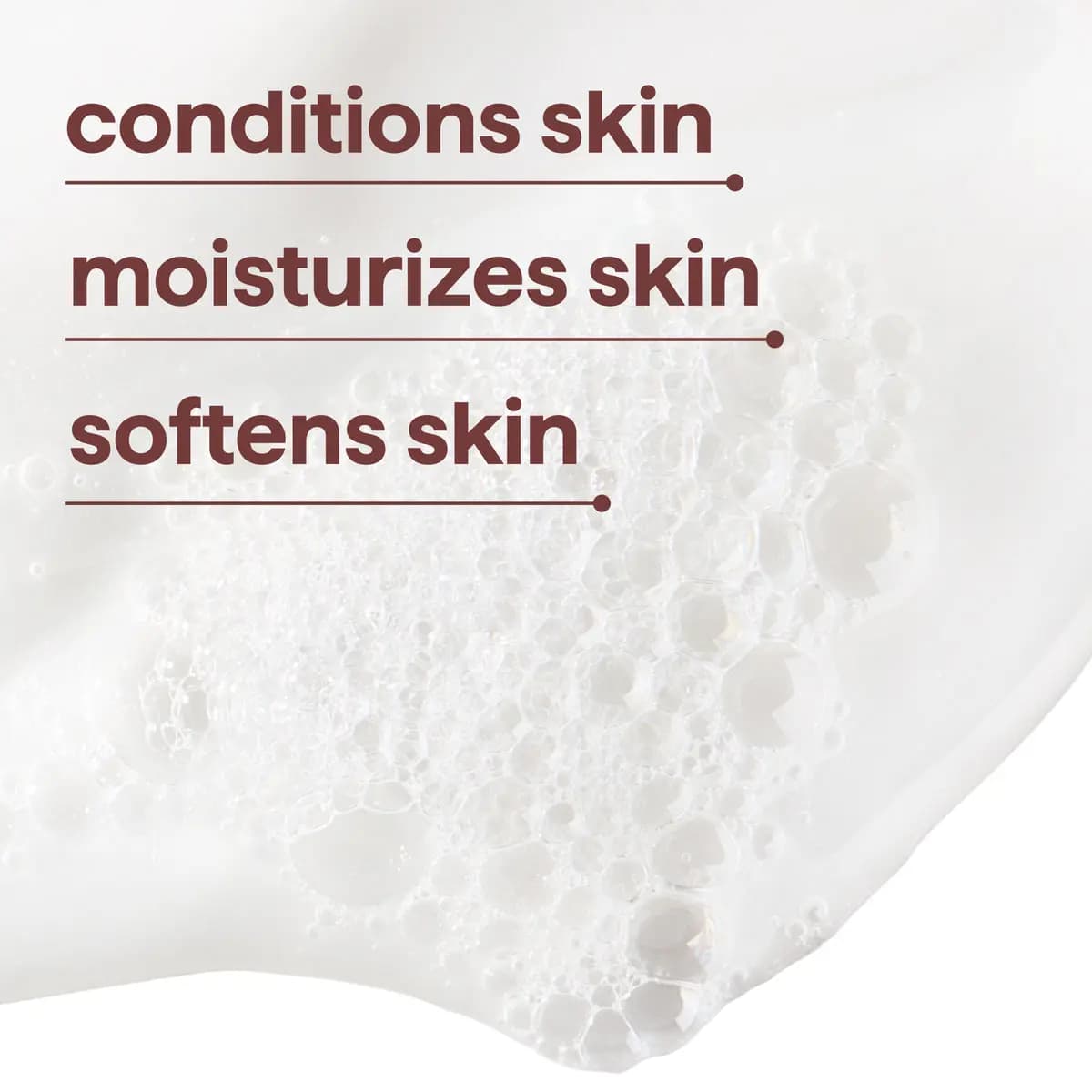 Close-up of white body wash lather and bubbles with brown text listing conditions, moisturizes and softens skin