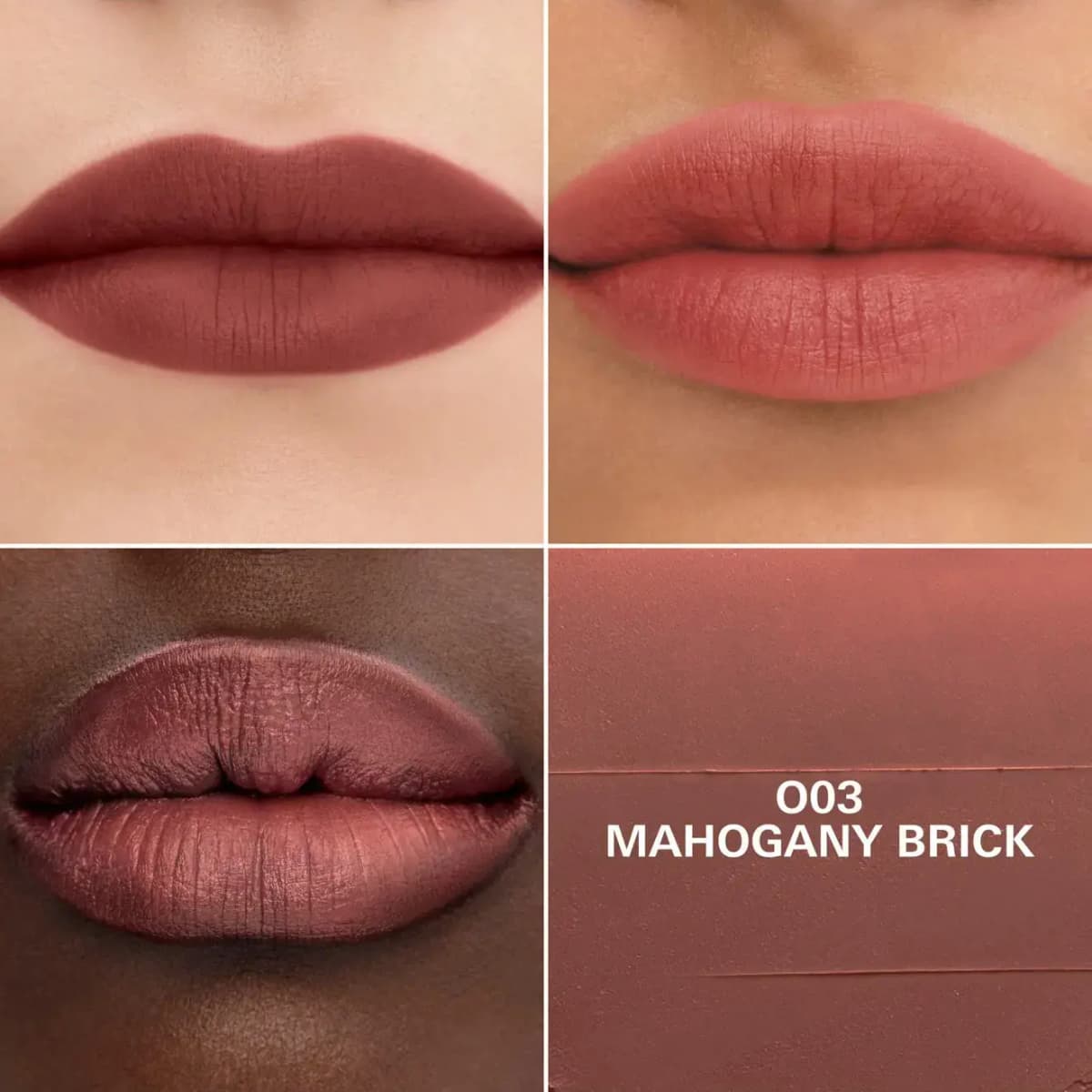 O03 Mahogany Brick matte brick-rose lipstick shown on three lip tones beside a close-up swatch