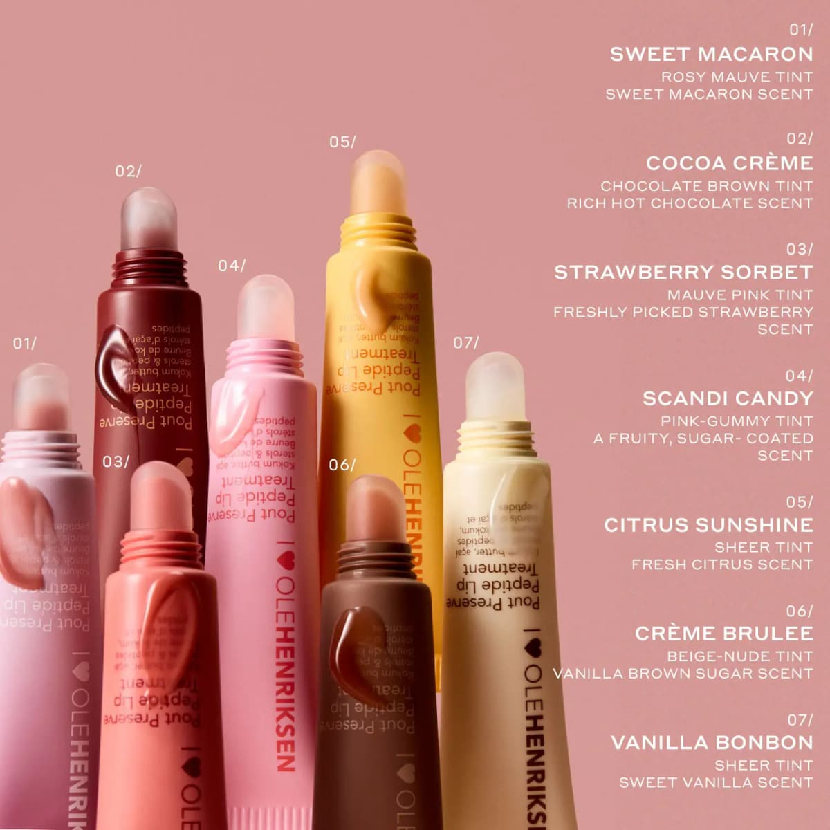 Seven Pout Preserve tubes in pink, brown, yellow and cream with a numbered list of shade names, tints and scents