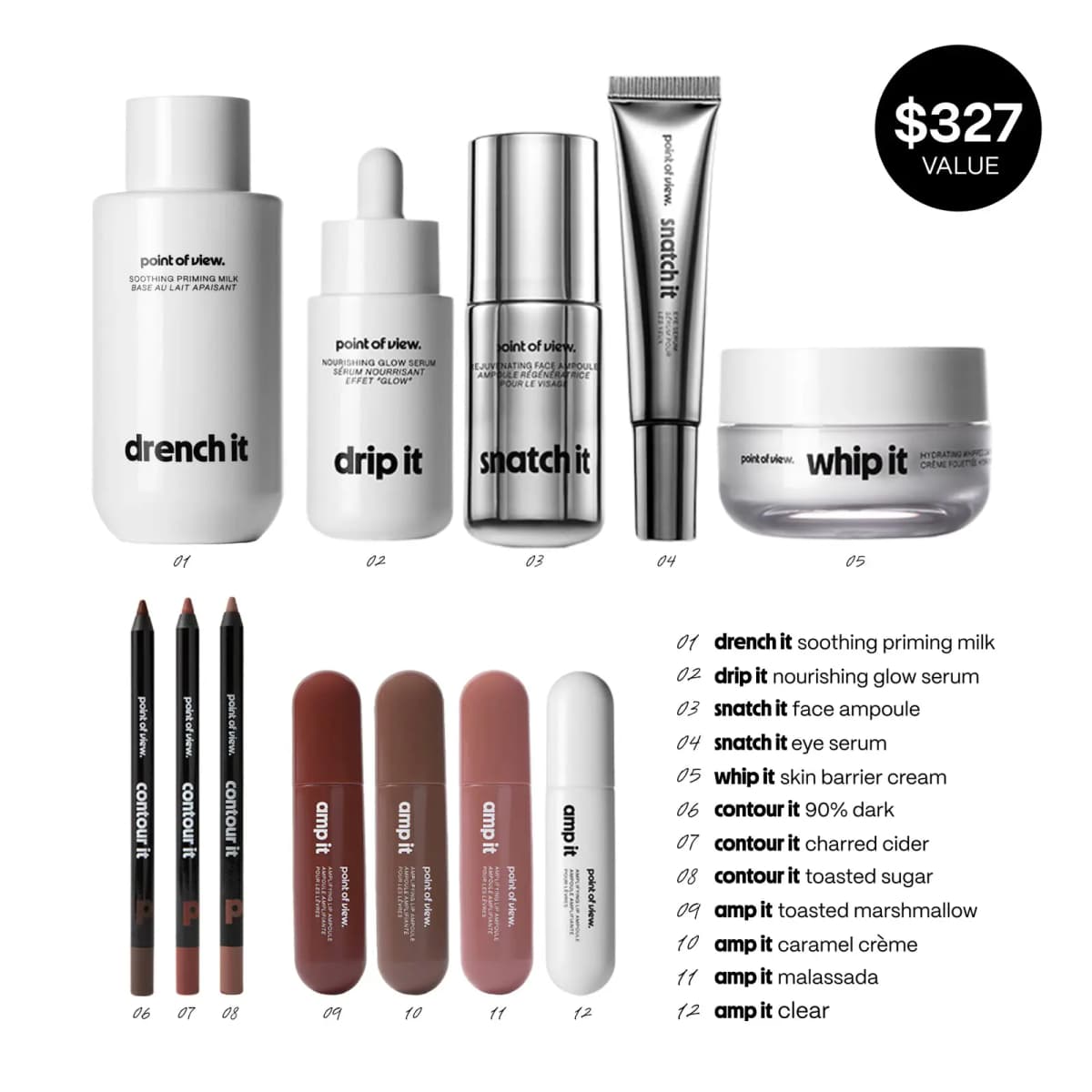 Numbered vault (k)it contents list with drench it, drip it, snatch it, whip it, contour it liners and amp it glosses