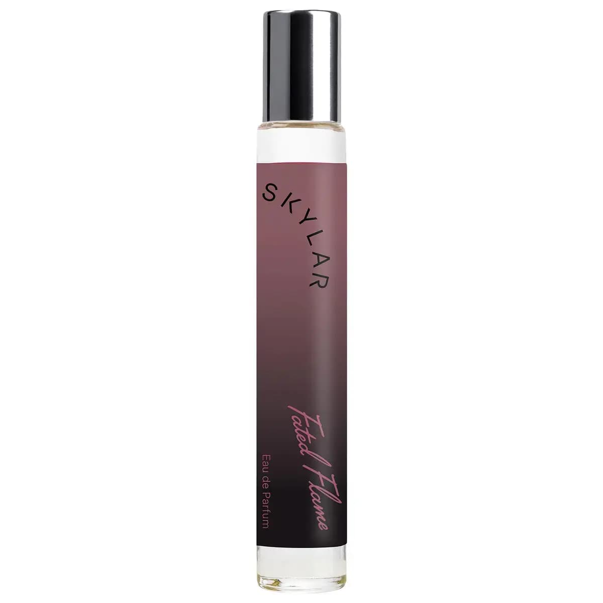 Skylar Fated Flame Eau de Parfum travel spray, slim tube with silver cap and mauve-to-black gradient label