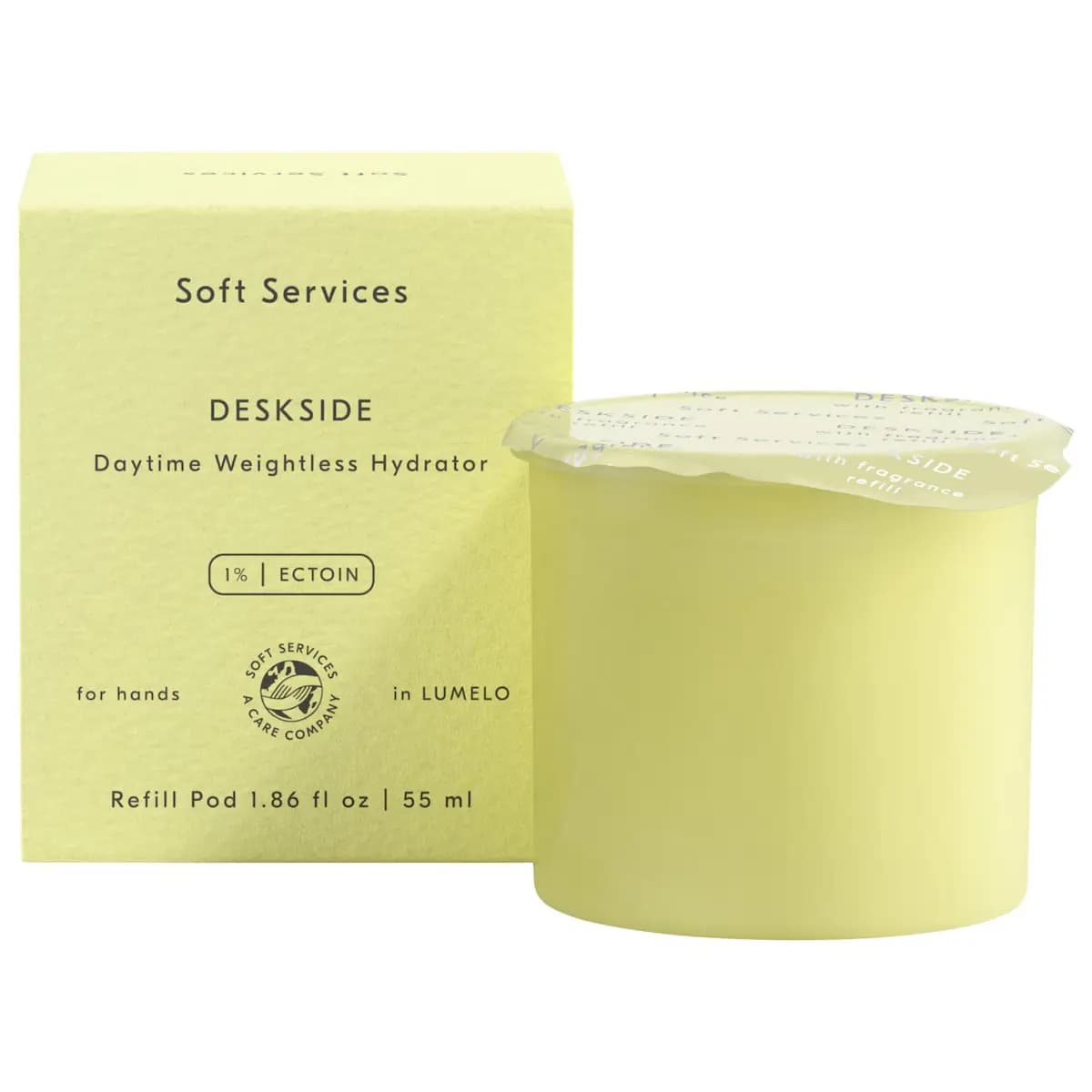 Pale yellow Deskside refill pod with foil seal next to its yellow Soft Services carton, 55 ml, 1% Ectoin