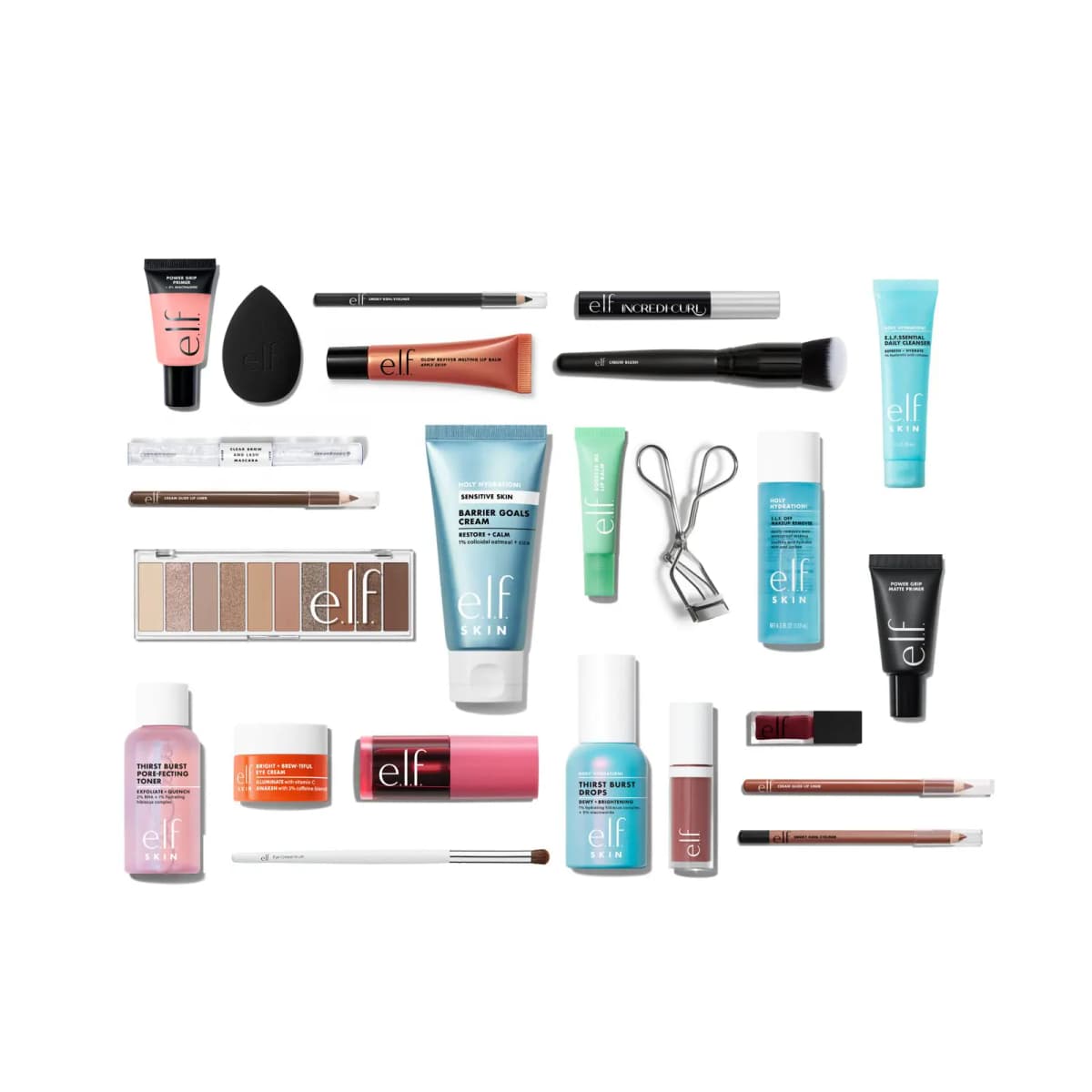 Flat lay of all 24 products: neutral eyeshadow palette, blending sponge, lip balms, pencils, skincare tubes and bottles
