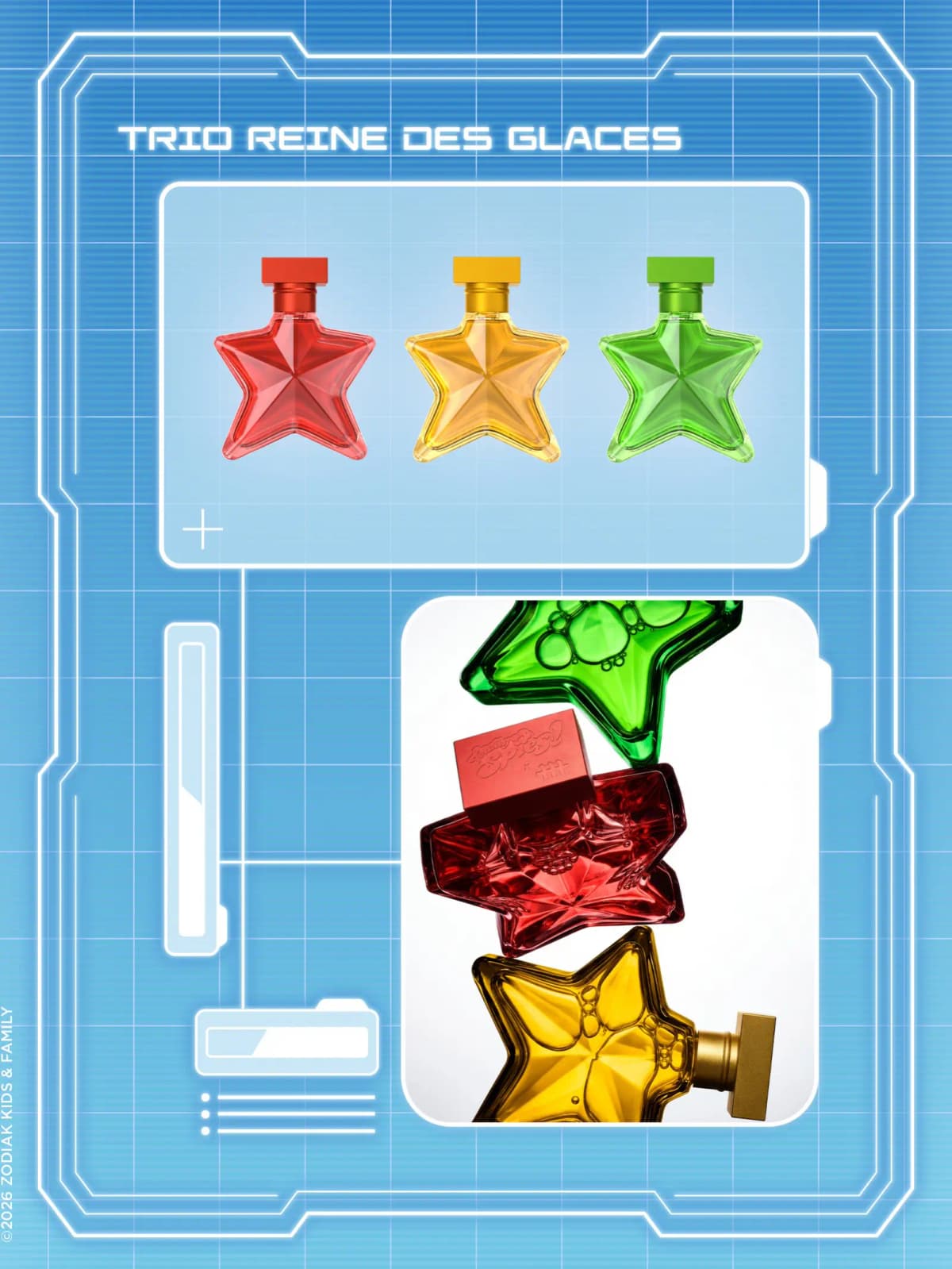 Three star-shaped perfume bottles in red, yellow and green, labeled TRIO REINE DES GLACES.