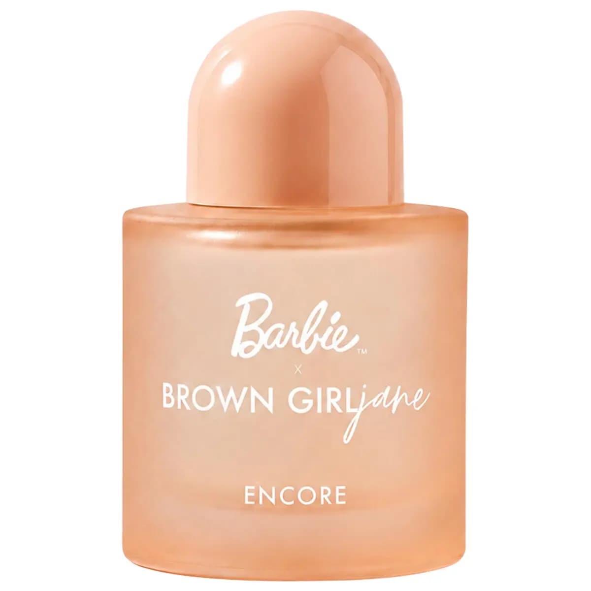 Front view of the frosted peach glass bottle with glossy domed cap and white Barbie and Encore lettering