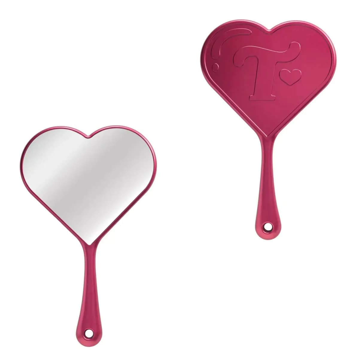 Front and back of the heart-shaped Heart Hand Mirror in Jinkx Metallic Burgundy with an embossed T logo on the reverse