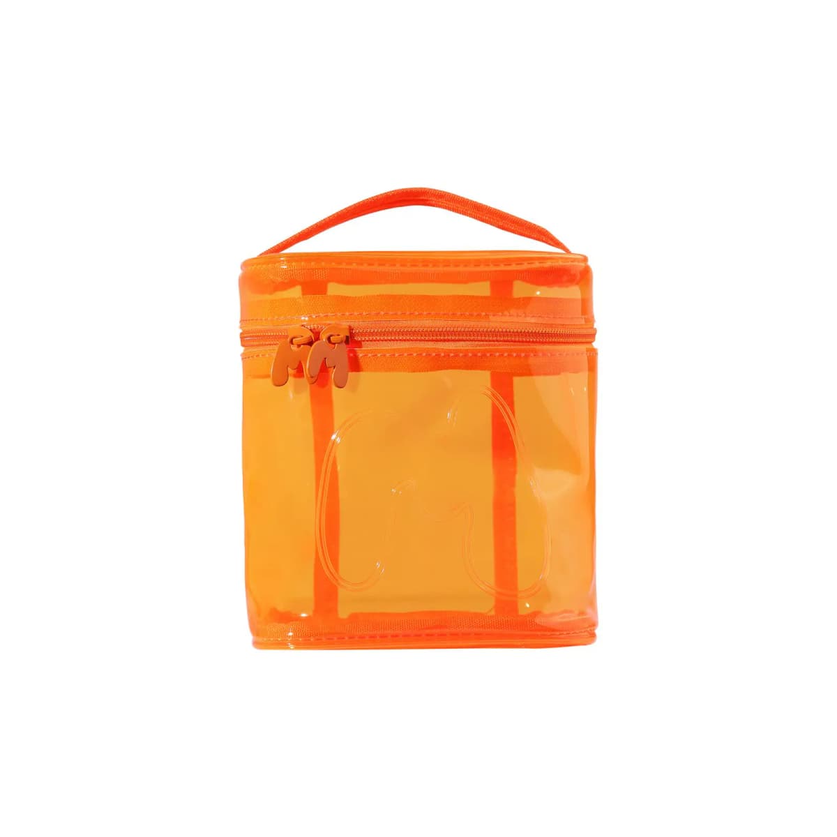 Translucent neon orange vanity bag with top handle, zip and embossed M outline on the front
