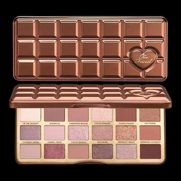 Too Faced Chocolate Nudes Limited Edition Eyeshadow Palette, an open chocolate-bar tin showing 18 pink and brown shades