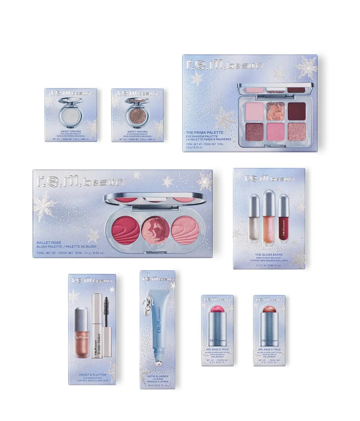 Nine r.e.m. beauty boxes in icy blue snowflake packaging, including Prima Palette, Ballet Rosé and The Gloss Barre