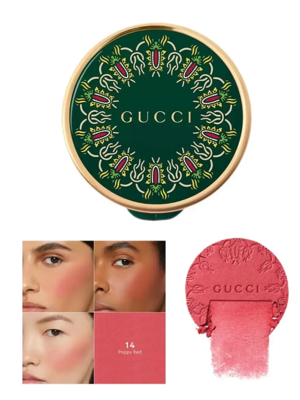 Gucci blush 14 Poppy Red with ornate green and gold lid, cheek swatches on three models and an embossed coral-red pan