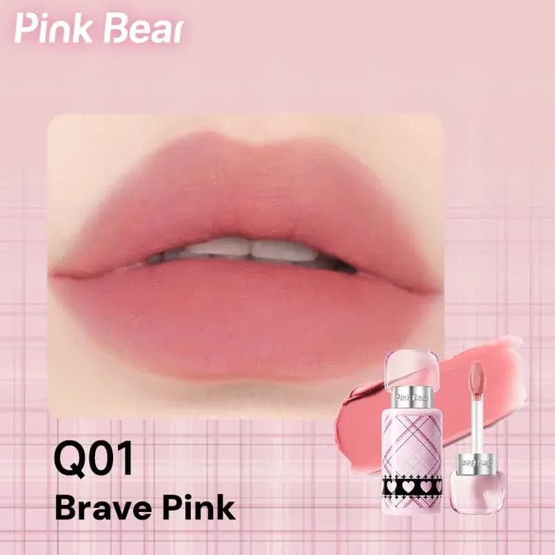 Soft matte pink lip swatch labeled Q01 Brave Pink beside its plaid lip mud tube.