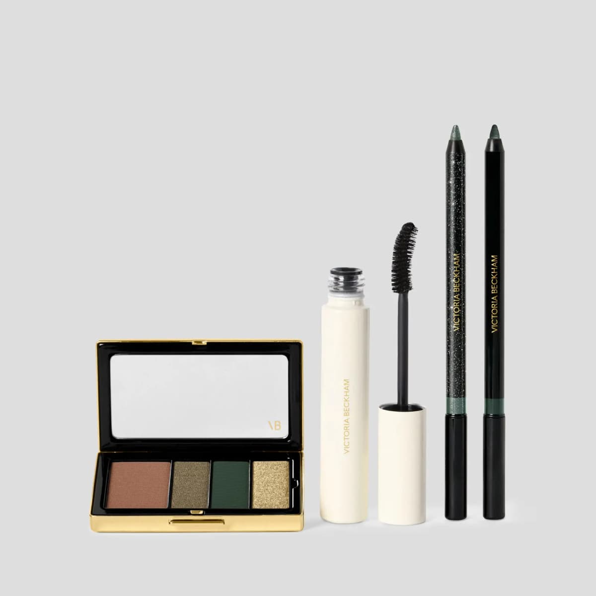 Olive set: quad in terracotta, khaki, forest green and gold glitter with mascara and two green liners