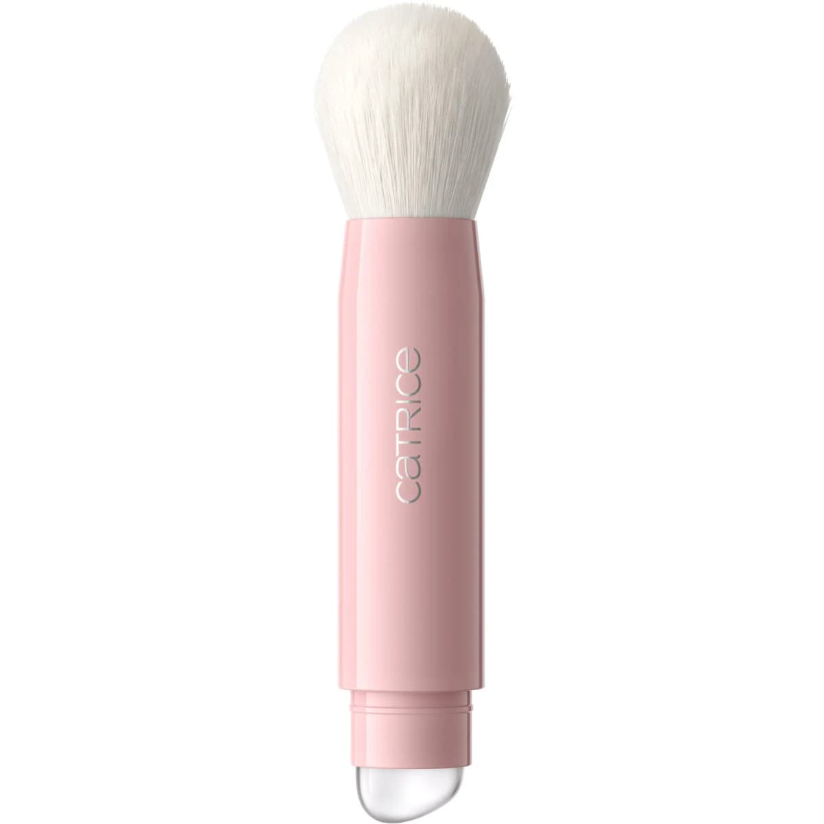 Pink-handled Catrice dual-ended brush with fluffy white bristles and a clear silicone tip