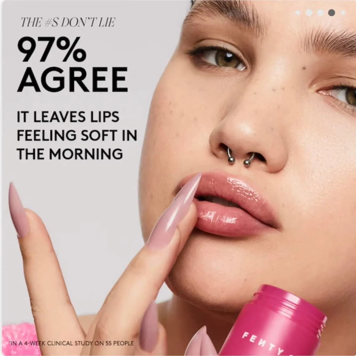 Model with Plush Puddin' Lip Mask and the claim that 97 percent agree it leaves lips soft in the morning