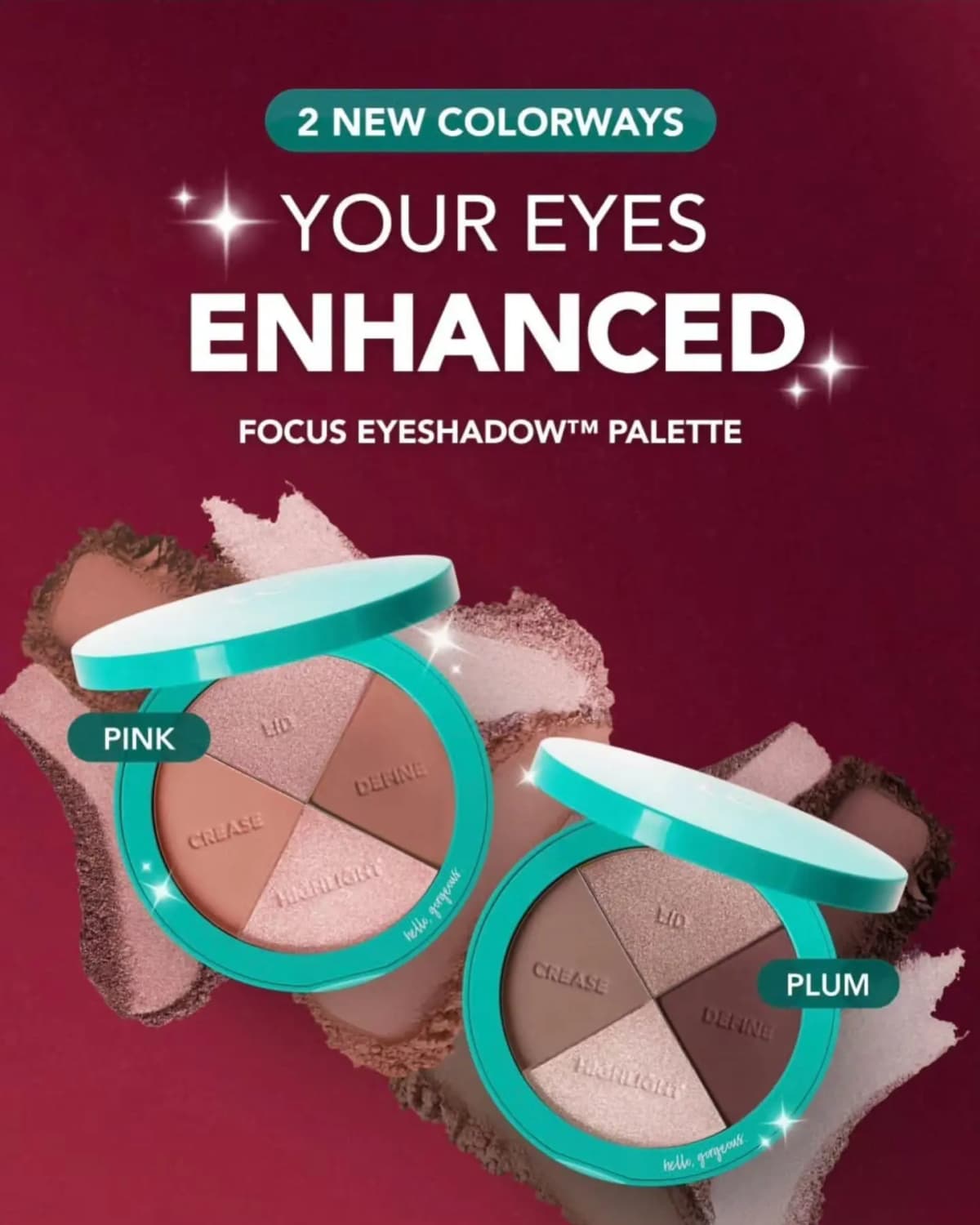 Thrive Causemetics Focus Eyeshadow Palette in Pink and Plum, two open teal quads on swatches against a burgundy background.