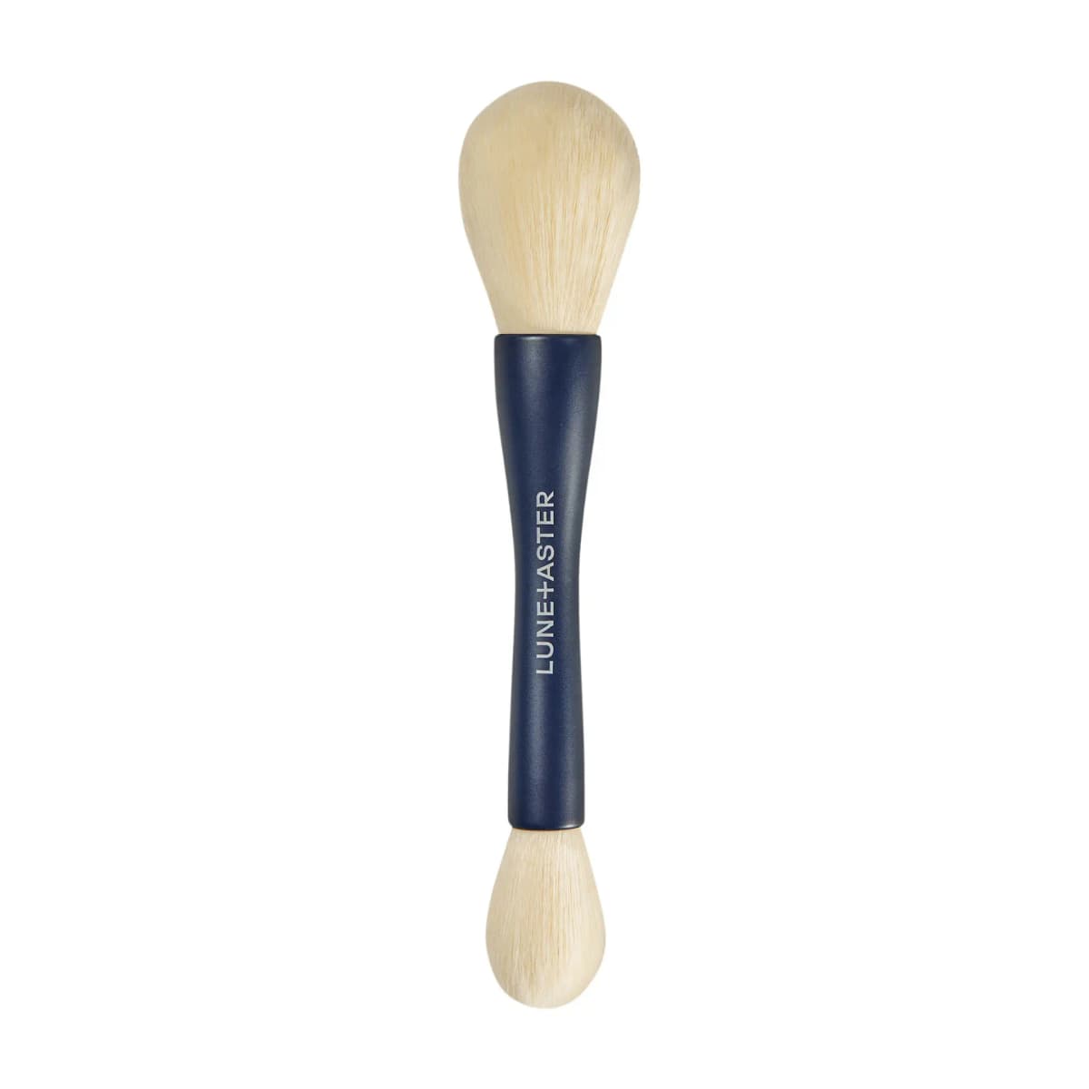 Double-ended navy brush with a large fluffy domed head at one end and a smaller tapered head at the other