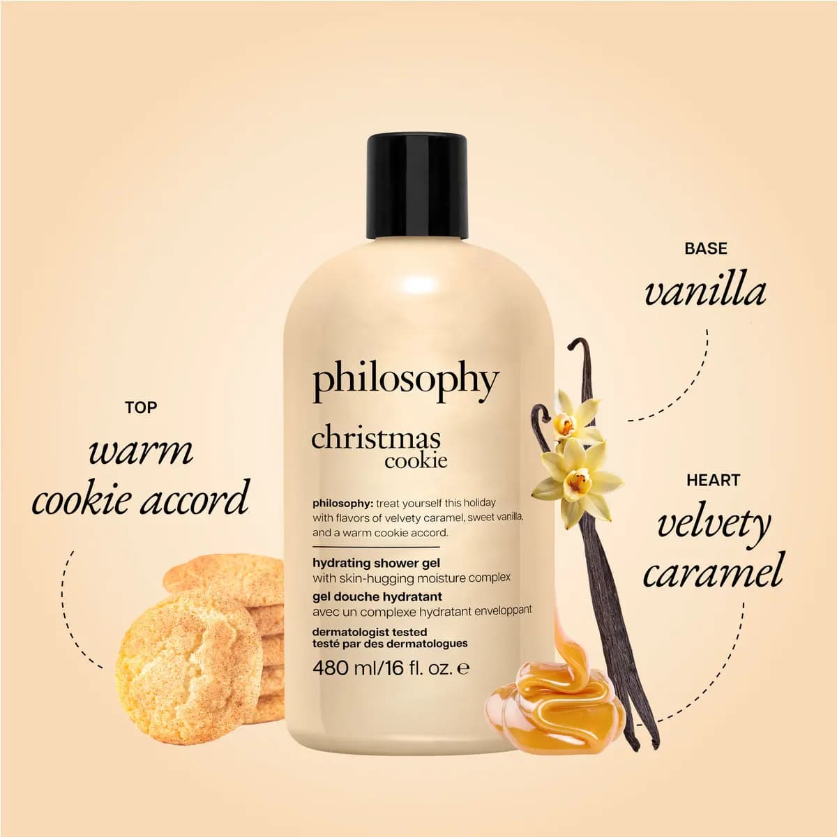 Pearly cream philosophy christmas cookie 16 oz shower gel with stacked sugar cookies, vanilla pods and caramel swirl