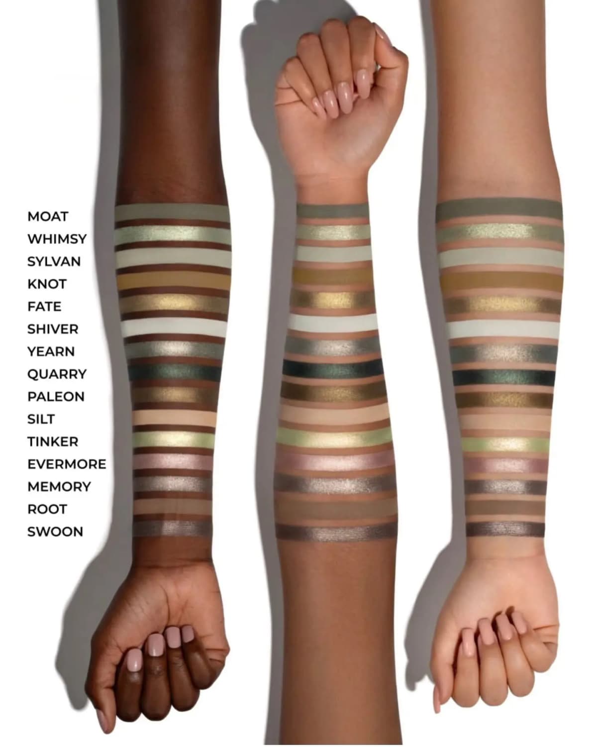 Three arms of varying skin tones displaying labeled swatches of all 15 Gloom shades from Moat to Swoon.
