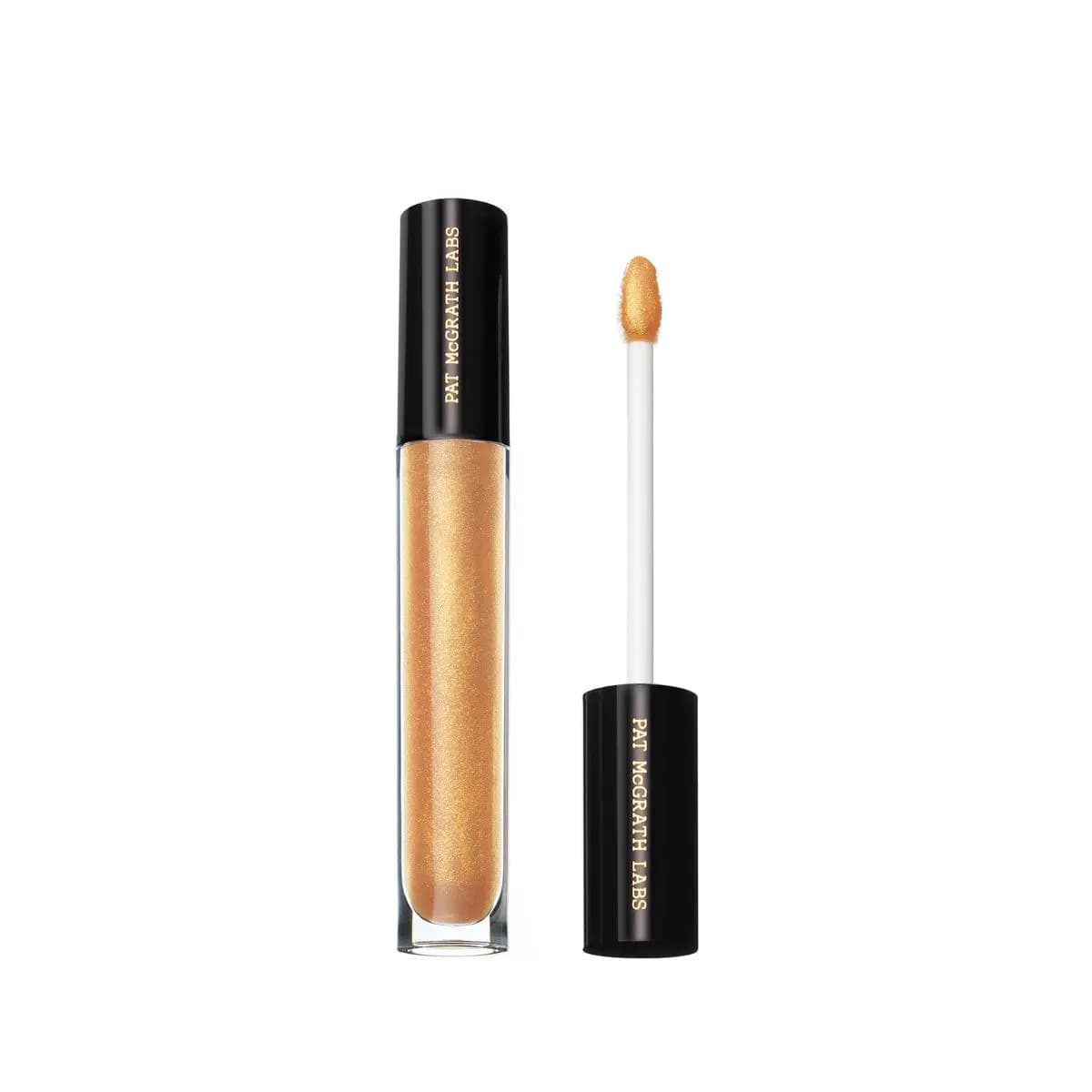 Sparkling gold gloss in a clear tube with black Pat McGrath Labs cap and glittery gold applicator