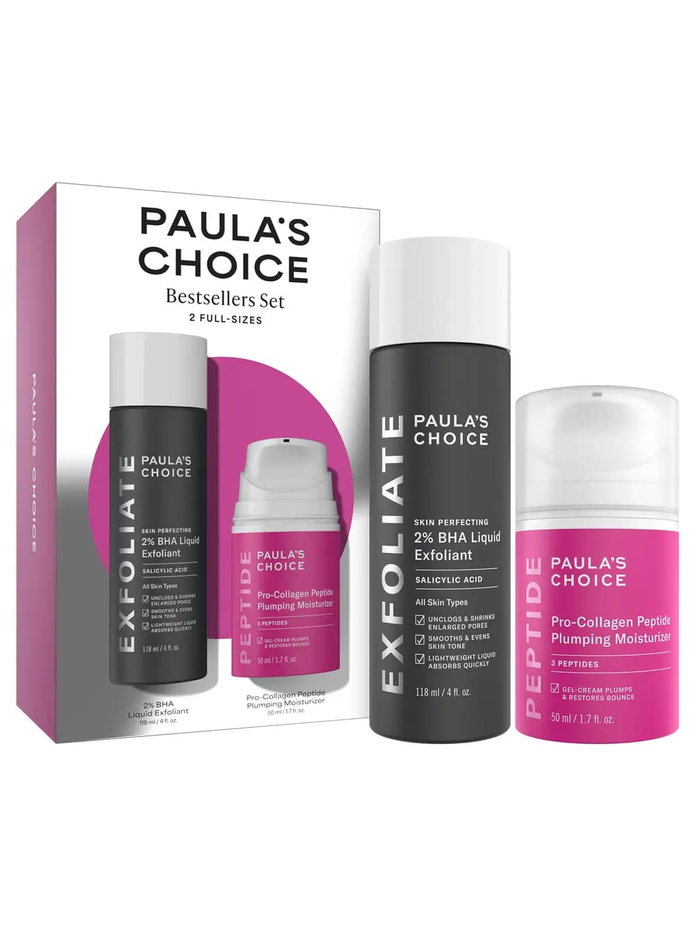 Paula's Choice Bestsellers Set: black 2% BHA Liquid Exfoliant and pink Pro-Collagen Peptide Plumping Moisturizer.
