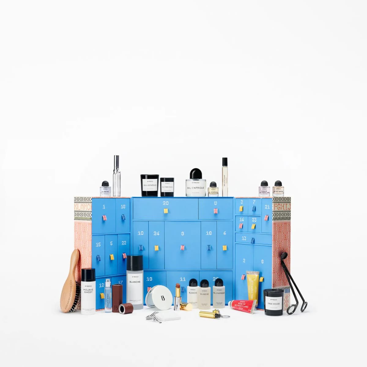 Wide view of the open blue numbered drawer calendar with all 25 Byredo products arranged in front and on top.