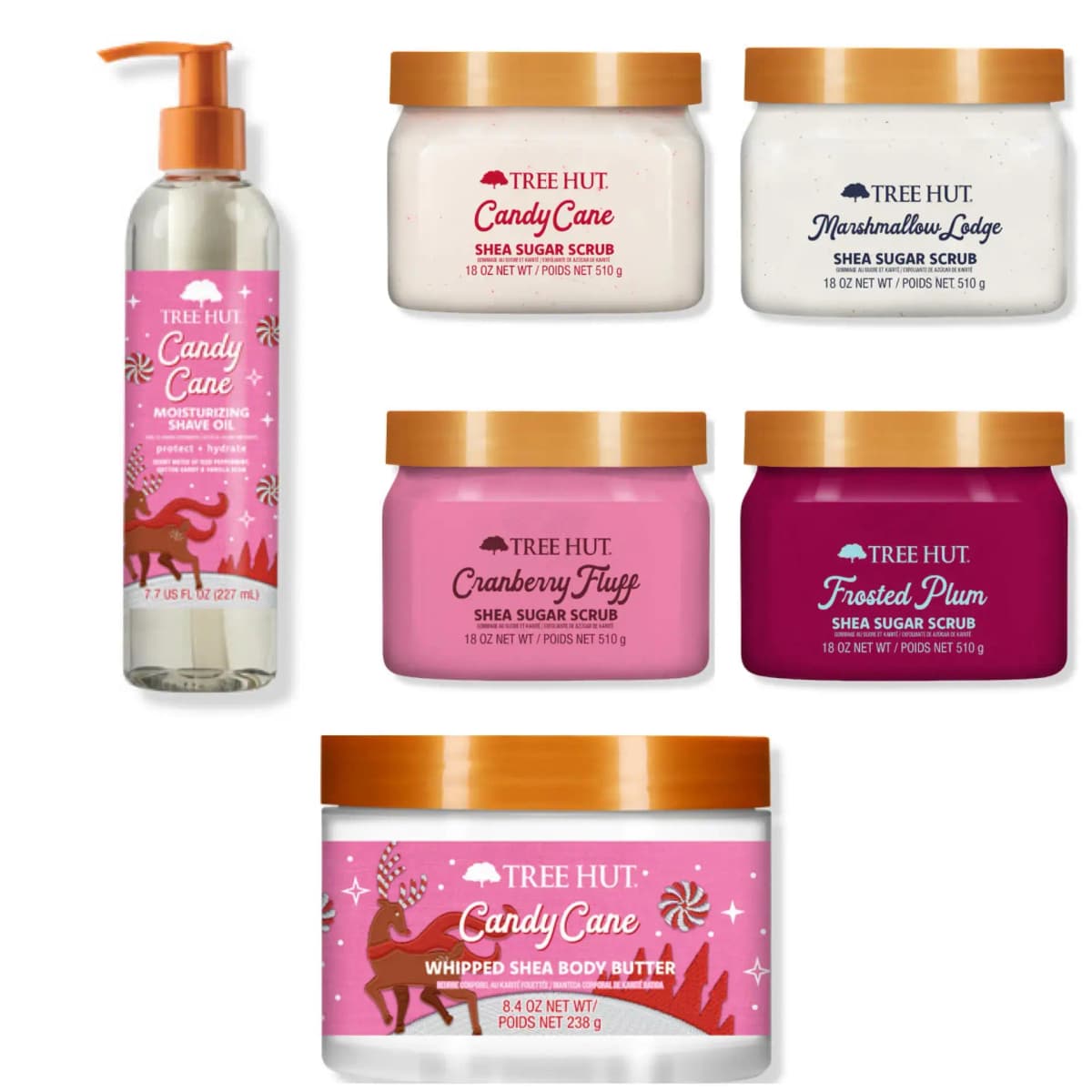Tree Hut Holiday 2026 Body Care Collection: Candy Cane shave oil, four shea sugar scrubs and a pink Candy Cane body butter
