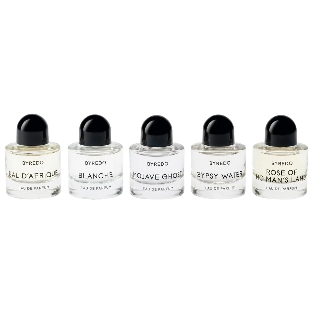 Byredo Les Miniatures Eau de Parfum Set: five mini bottles with black domed caps, Bal d'Afrique to Rose of No Man's Land