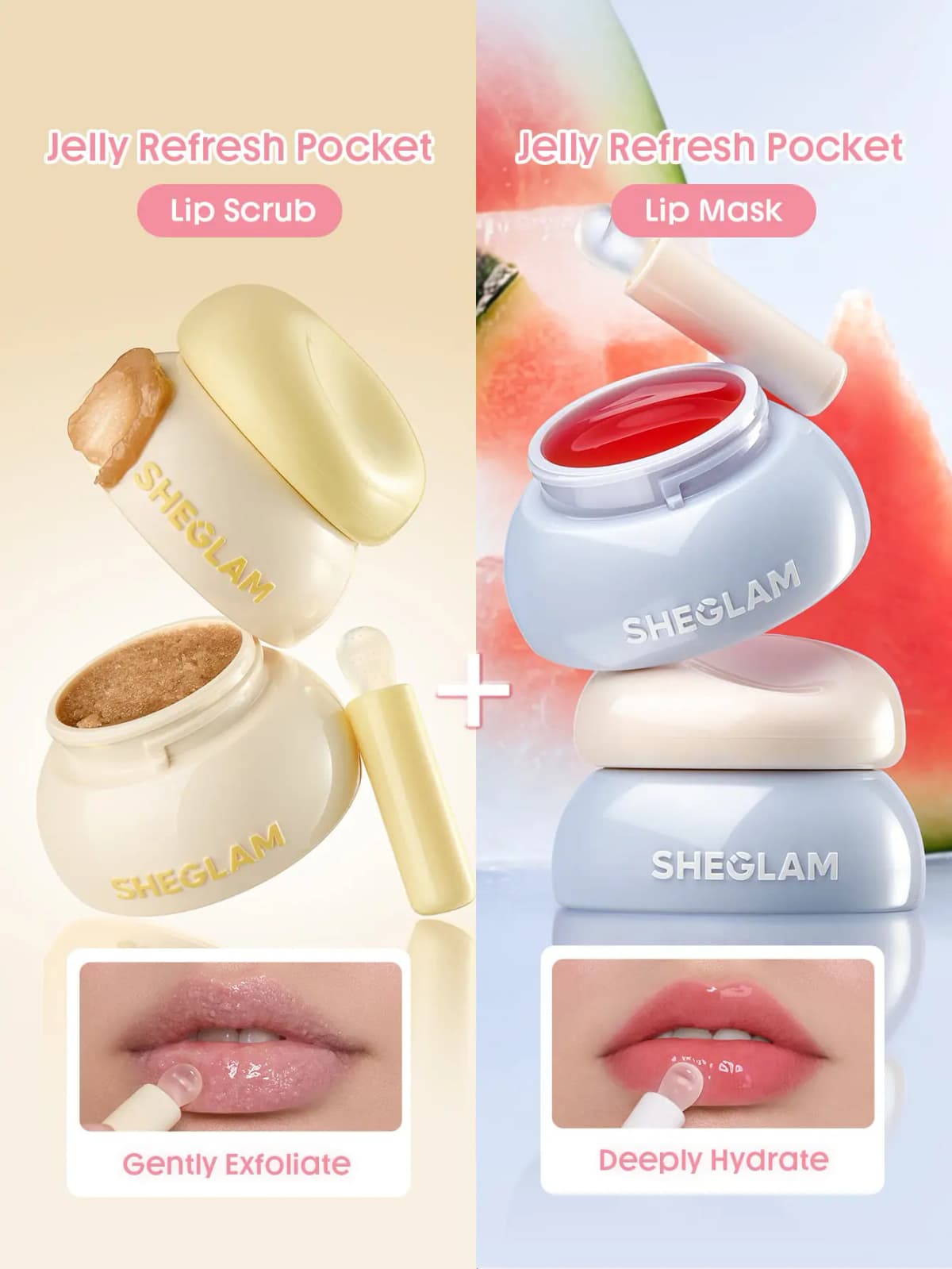 Side-by-side Jelly Refresh Pocket Lip Scrub in cream-yellow jars and Lip Mask in blue jars with red jelly and lip swatches