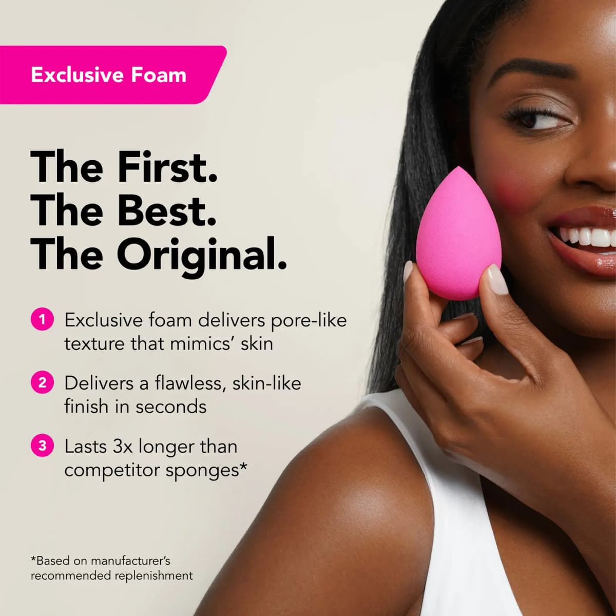 Smiling model holds a pink sponge to her cheek beside text: The First. The Best. The Original.