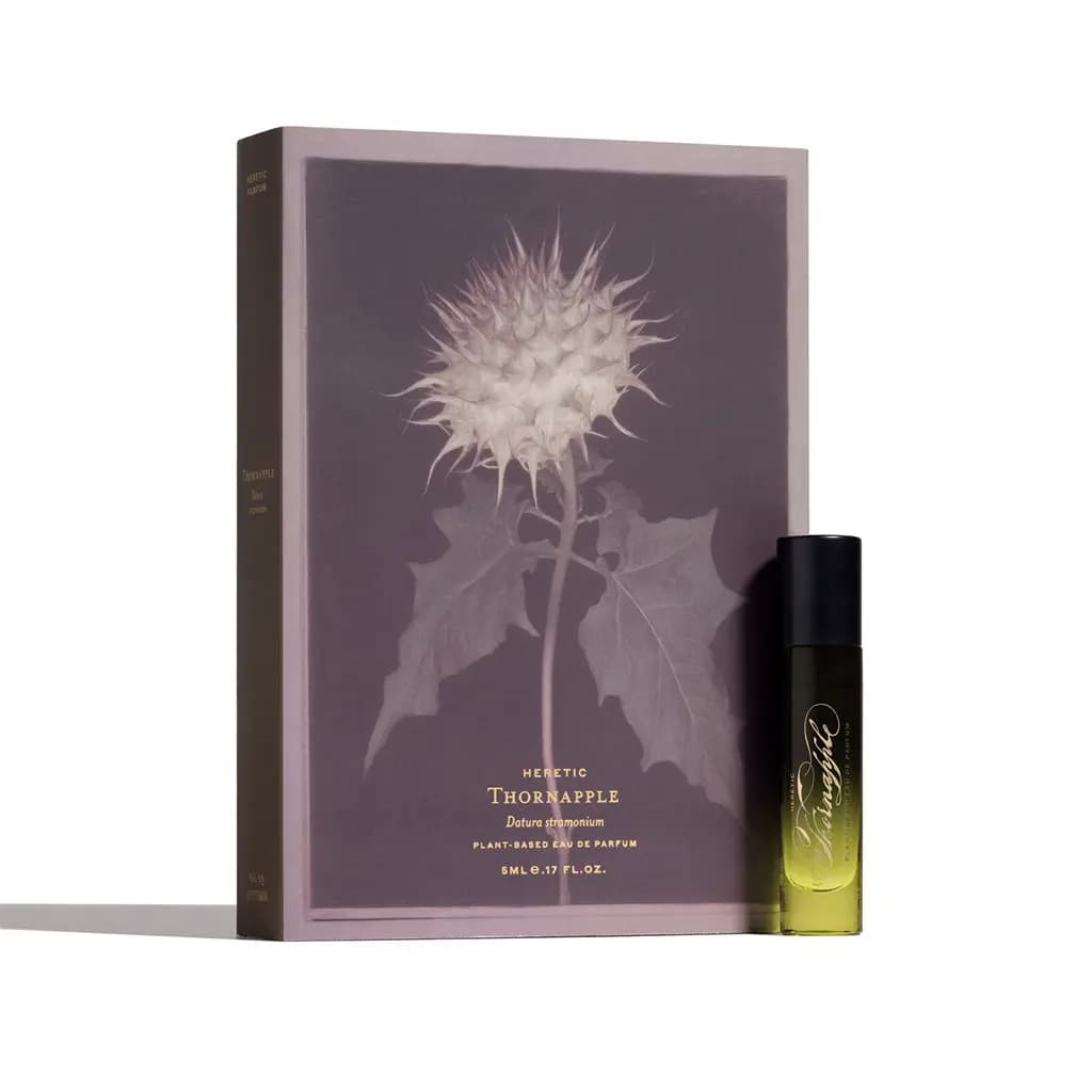Thornapple 5ml vial beside a mauve book-style box showing a spiky Datura seed pod and '5ML .17 FL.OZ.' text.