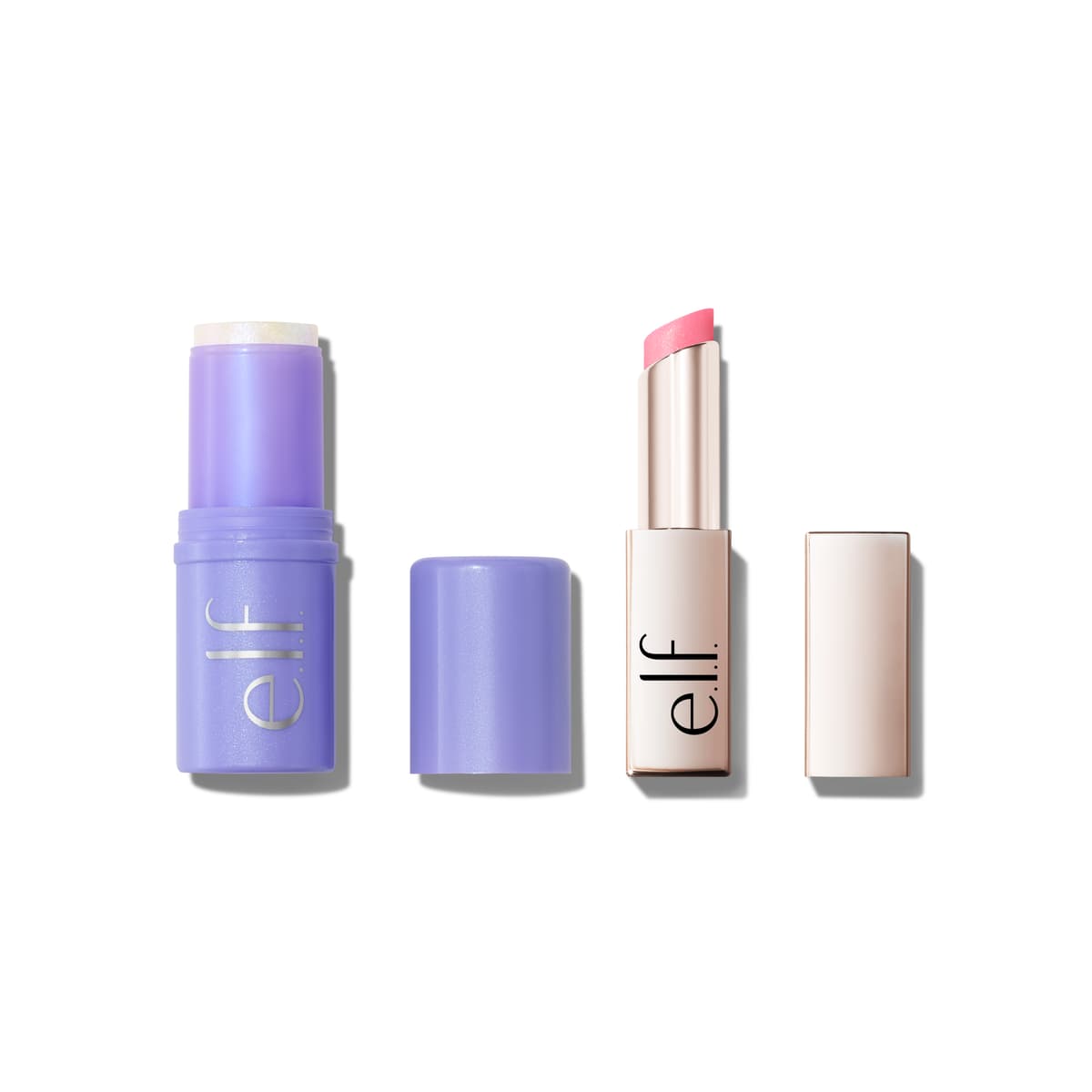 Lilac glitter hair stick beside a rose-gold pink lip oil stick, both with caps off, on white background.