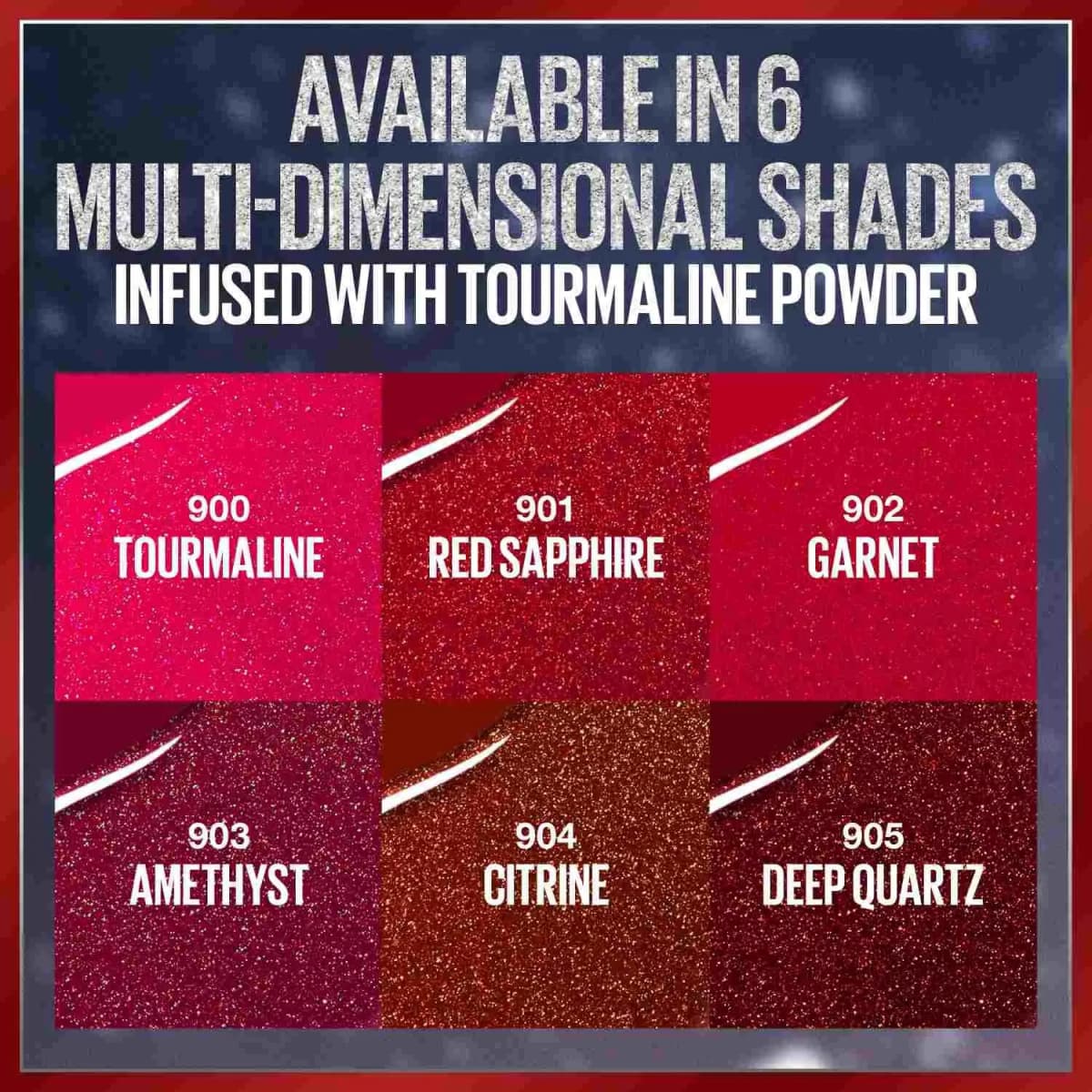 Grid of six glittery Vinyl Ink swatches, 900 Tourmaline to 905 Deep Quartz, infused with tourmaline powder