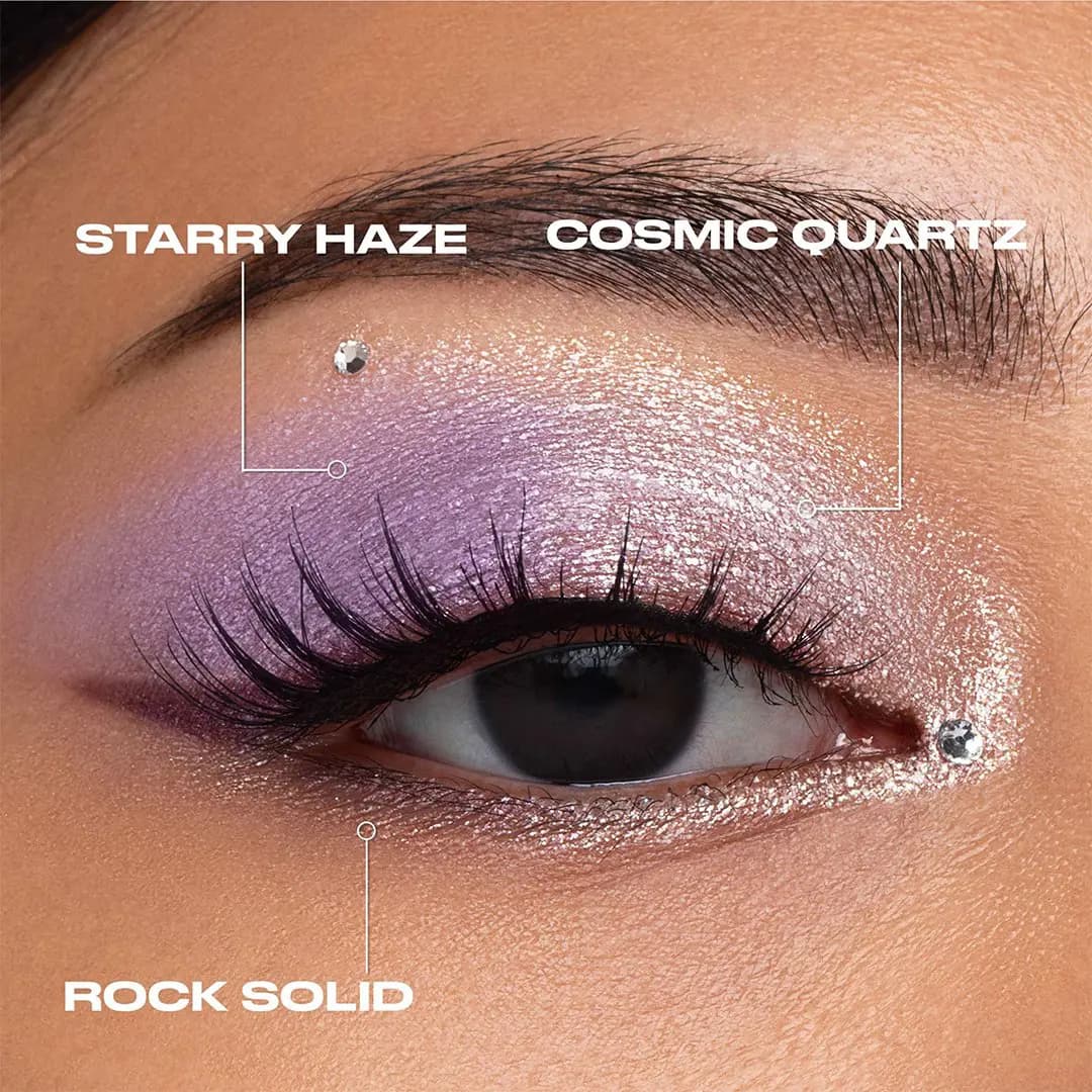 Urban Decay Moondust look with Starry Haze, Cosmic Quartz and Rock Solid labeled, official image