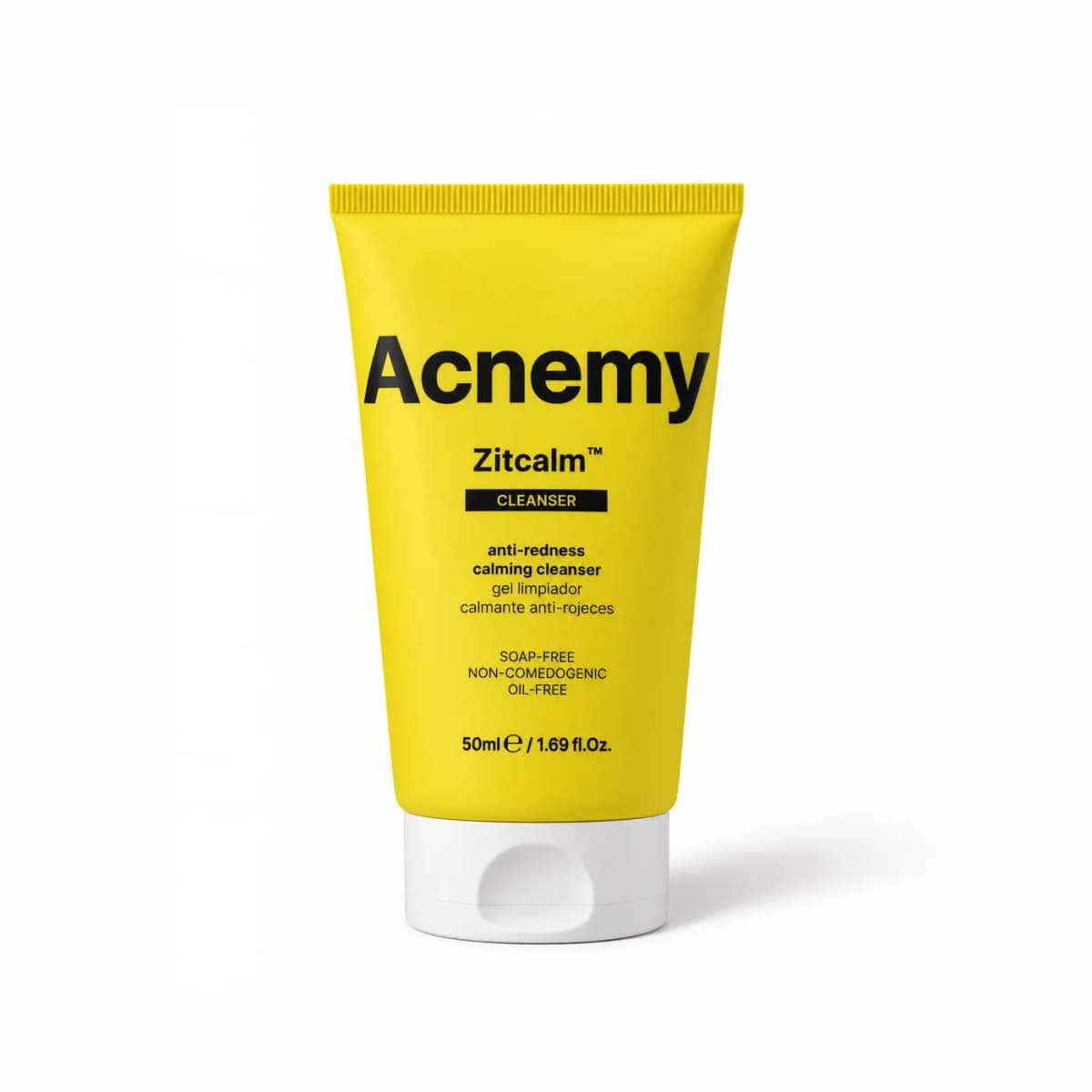 Yellow tube of Acnemy Zitcalm anti-redness calming cleanser, 50ml, soap-free and non-comedogenic