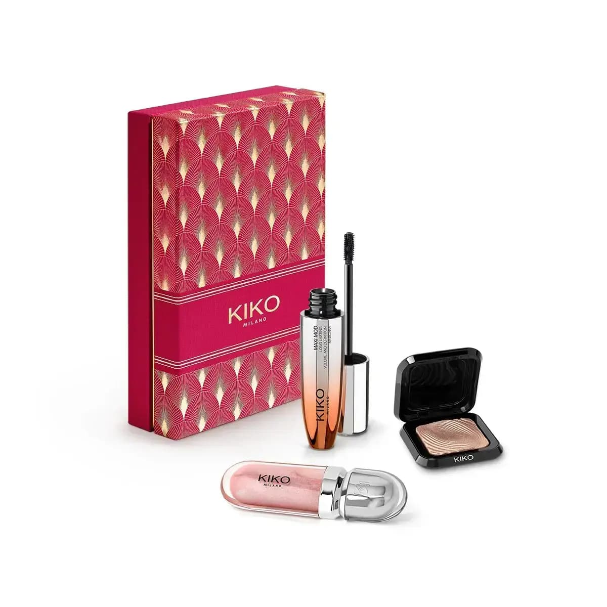 KIKO red box with Maxi Mod mascara, pink shimmer lip gloss and a champagne-toned single eyeshadow