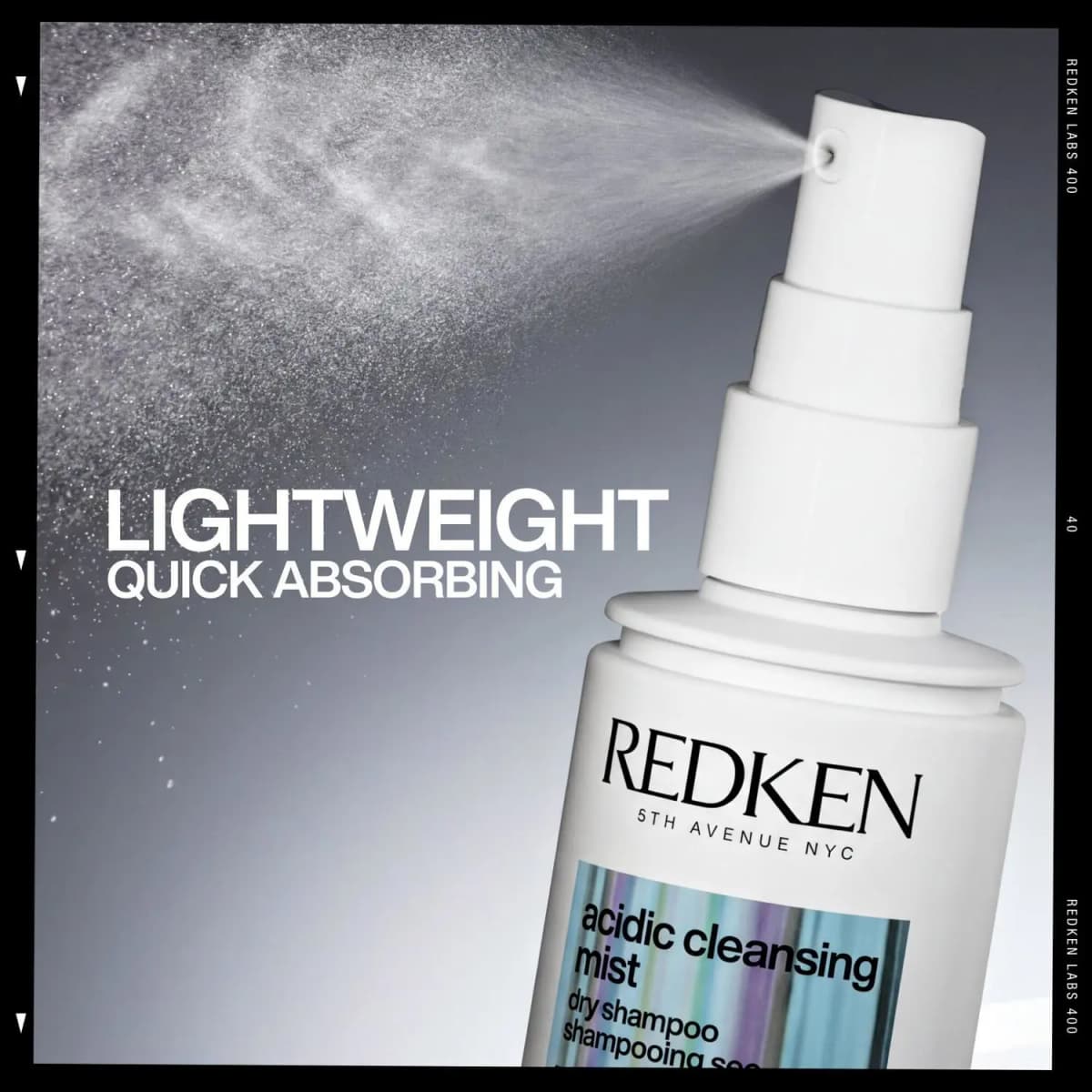 White pump nozzle releasing a fine mist spray against a grey background with text reading lightweight, quick absorbing