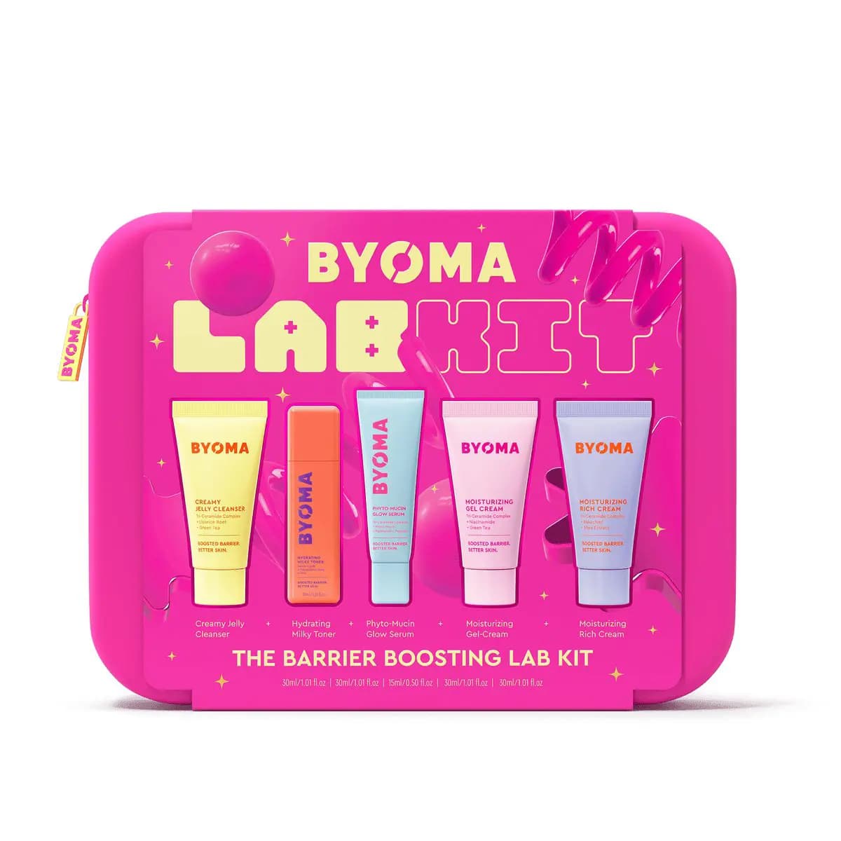 Pink zip case for The Barrier Boosting Lab Kit showing five mini cleanser, toner, serum and cream tubes