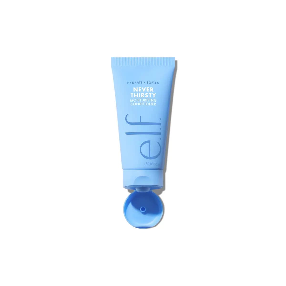 Never Thirsty Moisturizing Conditioner mini tube with its flip-top cap open, showing the dispensing hole