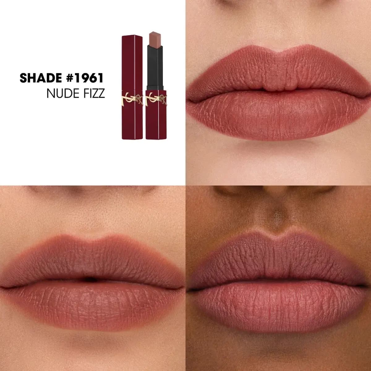 Shade #1961 Nude Fizz slim burgundy lipstick shown as a matte rosy nude on three lips