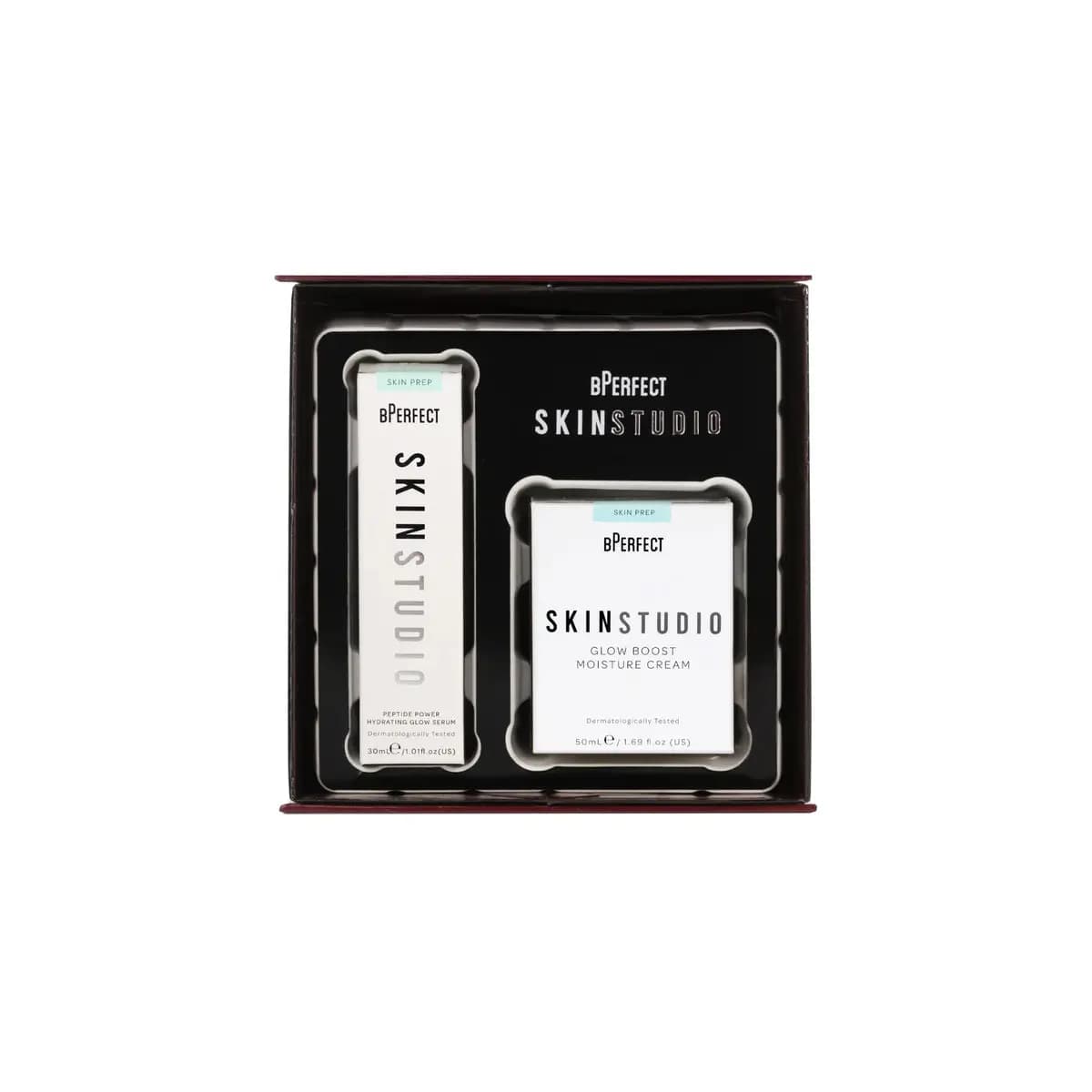 Open Hydro Heroes box with Skin Studio Peptide Power glow serum and Glow Boost Moisture Cream in black insert