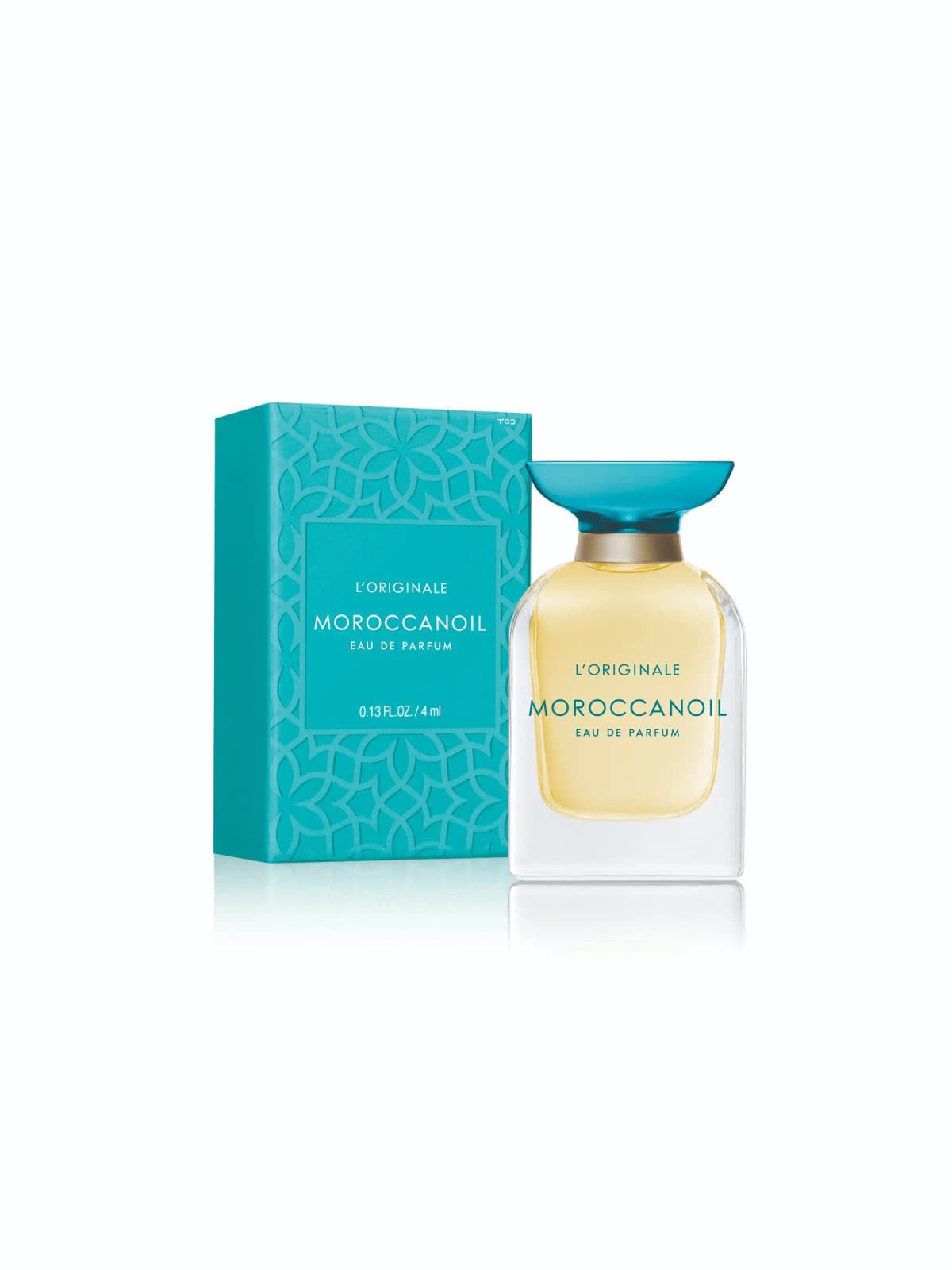 Moroccanoil L'Originale 4ml mini eau de parfum with turquoise cap next to a patterned turquoise box.