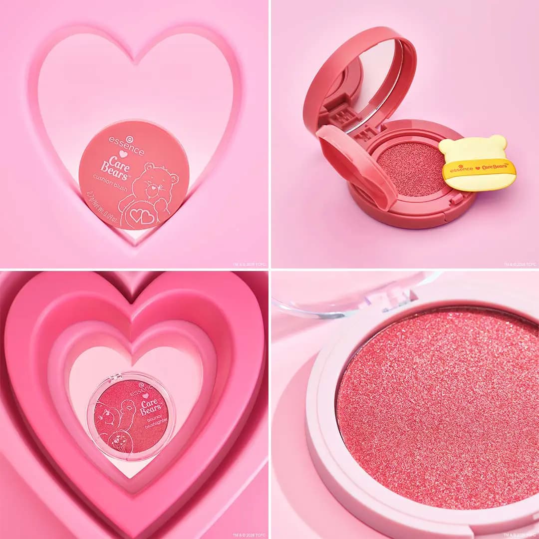 Pink heart-shaped cushion blush compact with bear-shaped puff, plus a shimmery bouncy blushlighter swatch close-up.