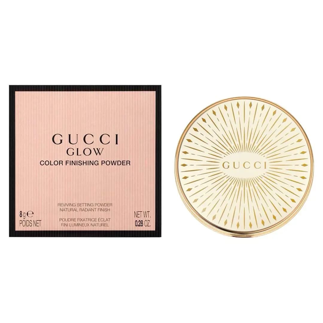 Pink striped Gucci Glow box marked 8 g / 0.28 oz next to the closed ivory compact with gold sunburst lid